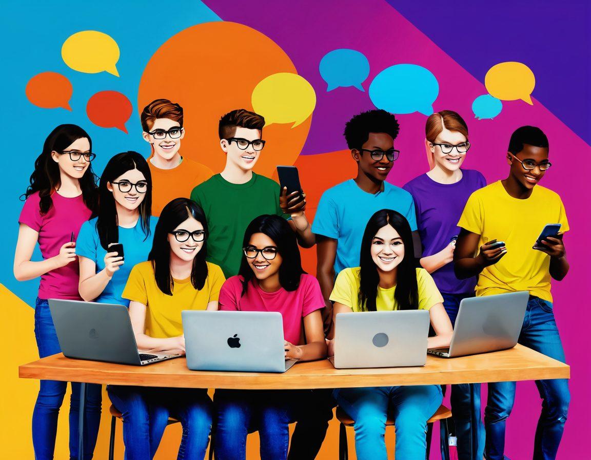 A diverse group of enthusiastic teenagers gathered around laptops and smartphones, engaged in online communities and discussions. Bright, inviting colors with elements representing various online platforms and resources, such as forums, chat bubbles, and educational icons. A warm, empowering atmosphere that conveys inspiration and connection. Illustrate a sense of teamwork and support among the teens. digital art. vibrant colors. friendly style.