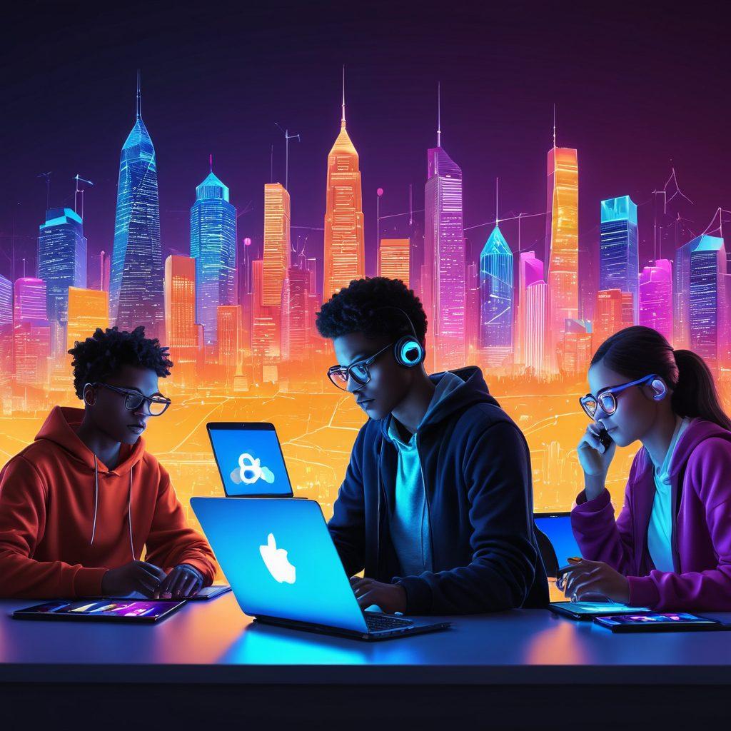A vibrant digital world filled with diverse youth engaging with technology, featuring a blend of laptops, tablets, and smartphones. Include elements like colorful graphs and icons representing social media and collaboration, with a futuristic city skyline in the background. Add a sense of community by depicting young people from various backgrounds interacting through screens. The scene should be filled with bright colors and dynamic motion to illustrate the energy of digital engagement. 3D. vibrant colors. futuristic.