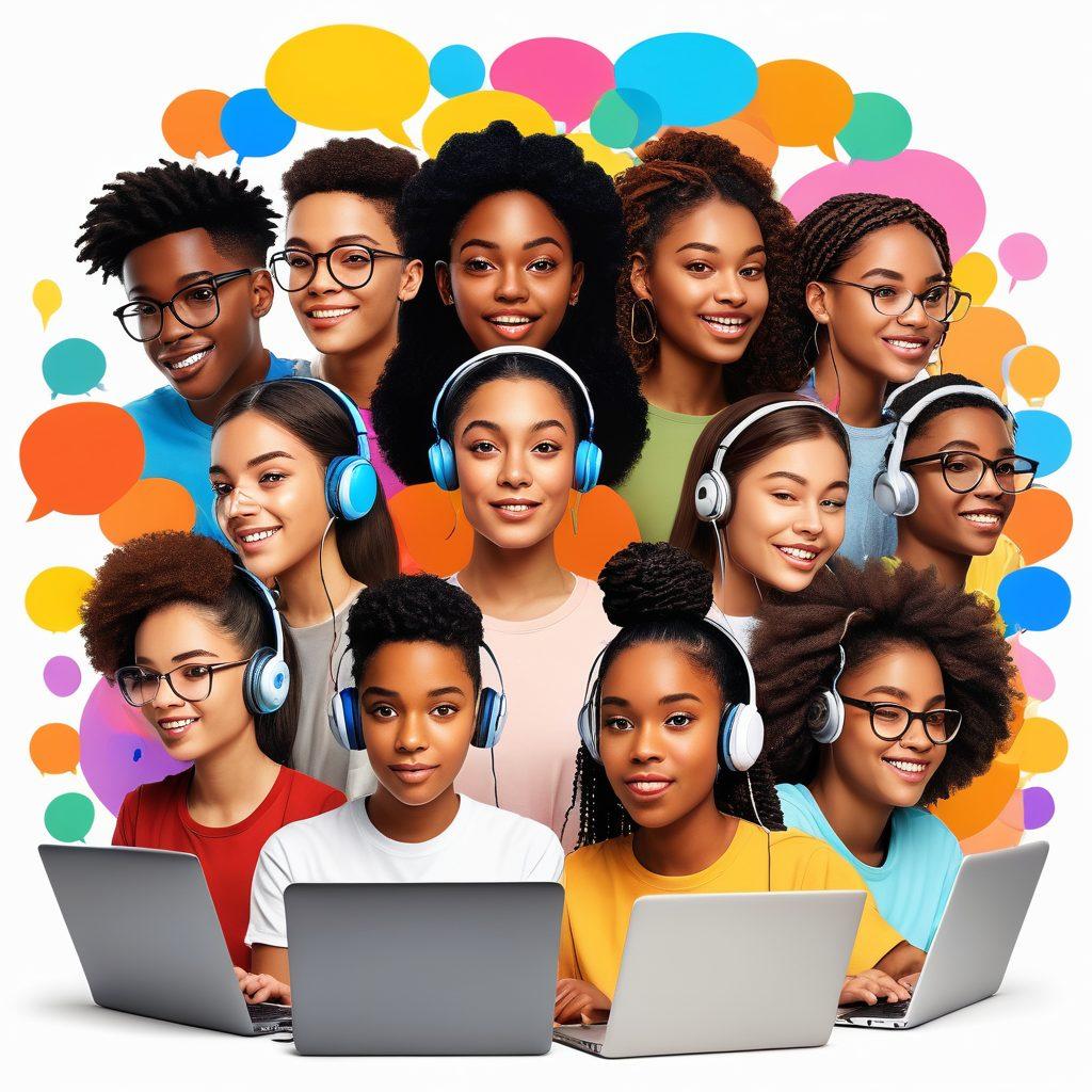 A vibrant digital collage showcasing diverse teenagers engaging in various online activities, such as video calls, discussions, and creative projects. The background features colorful speech bubbles symbolizing their voices and ideas. Include elements like laptops, smartphones, and headphones to emphasize connectivity and collaboration. Capture a sense of energy and inclusivity, with a variety of skin tones and styles represented. 3D illustration. vibrant colors. white background.